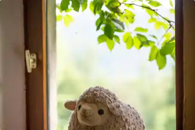 un ours en peluche devant une fenêtre